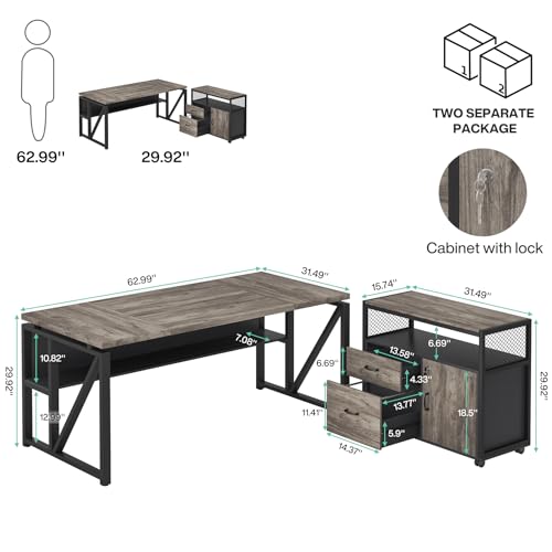 Tribesigns 63" Executive Desk with Reversible File Cabinet, Large L-Shaped Office Desk with Drawers, Business Furniture Workstation for Home Office (Dark Oak, 63-inch) - color: Light Grey