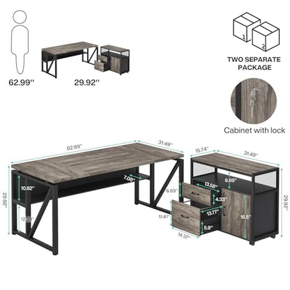 Tribesigns 63" Executive Desk with Reversible File Cabinet, Large L-Shaped Office Desk with Drawers, Business Furniture Workstation for Home Office (Dark Oak, 63-inch) - color: Light Grey