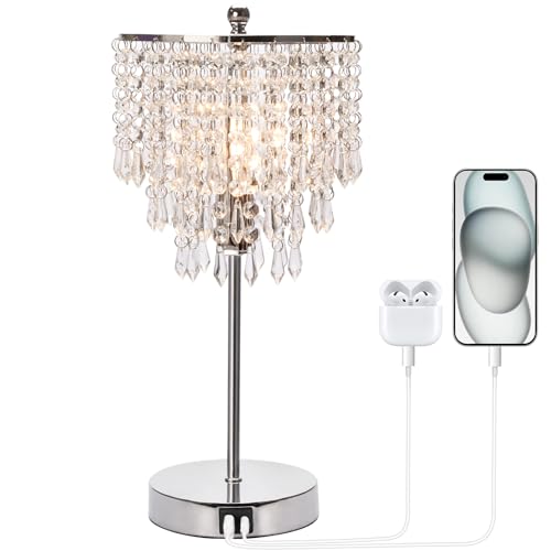 Touch Control Crystal Table Lamp with USB C+A Charging Ports, 3-Way Dimmable Bedside Touch Lamp Decorative Nightstand Lamp with Elegant Lampshade for Living Room Bedroom, B11 LED Bulb Included - color: Silver