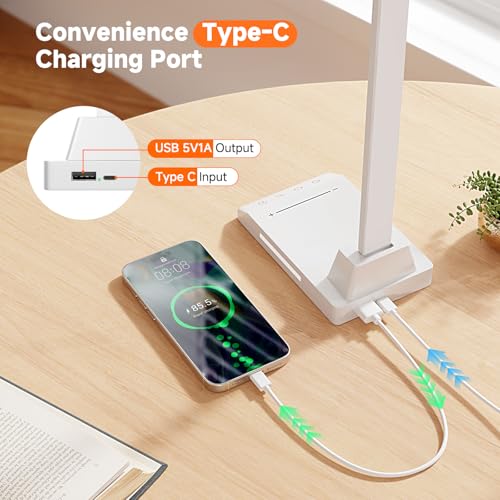 ShineTech LED Desk Lamp for Home Office,Foldable Reading Lamp with Adapter | 25 Lighting Modes and Dimmable, Touch Control, Eye-Caring LED Light for Bedroom Nighstand with Small Night Light, White - color: White