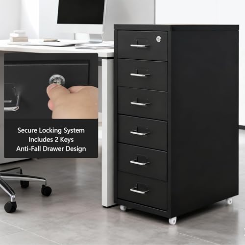 Vertical File Cabinet, 6 Drawer Black Metal File Cabinet with Lock for Office Under Desk Storage – Filing Cabinet on Wheels, Removable Multi Drawer Cabinet for Home Dresser, Black
