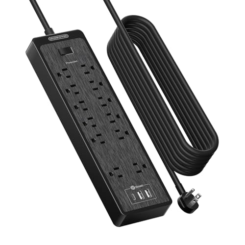NTONPOWER 25 Ft Extension Cord Flat Plug, 12 Outlets(2 Widely Space) 3 USB with 2100J Power Strip, Overload Protection, 1875W/15A, Wall Mount for Home Office, Workbench or Garage,Black - color: Black, size: 25 FT-12 Outlets