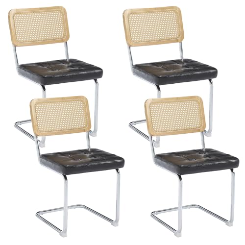 KCC Modern Dining Chairs Set of 4, Faux Leather Rattan Chair,Black | Mid Century Kitchen Side Chairs with Metal Legs and Upholstered Seat for Dining Room,Living Room,Bedroom,Silver Legs - color: Black+silver Legs, size: Set of 4