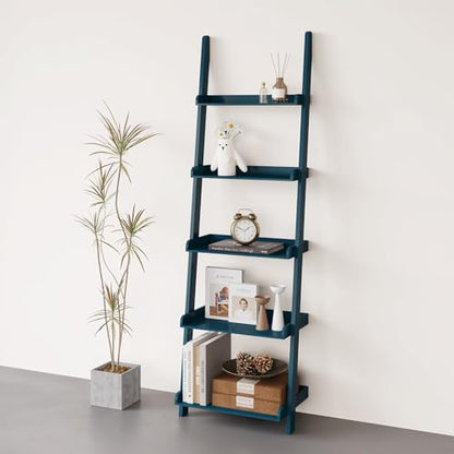 Modern 5 Tier Wall-Leaning Ladder Bookshelf, Blue, 70 Inches | Organizer, Storage Rack - color: Blue