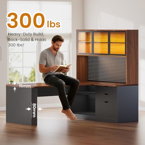 SEDETA L Shaped Computer Office Desk with 3 Wood Drawer and Large Bookshelf - color: Brown