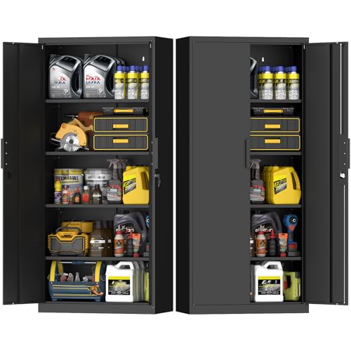 Black Storage Cabinet, Metal Garage Storage Cabinets with Adjustable Shelves, 72.05" H Heavy Duty Tall Cabinet with Locking Doors, Steel Organizer for Basement, School - color: 72"h - Black