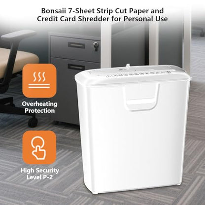 Bonsaii High-Performance 7-Sheet Strip-Cut Shredder, Low Noise, CD & Credit Card Compatible, with 3.4-Gallon Bin and Thermal Protection, White - color: White, size: 7-sheet | Strip Cut