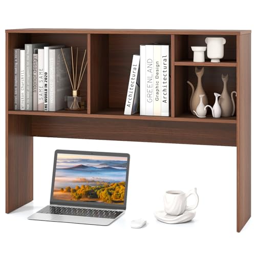 Tangkula Desktop Bookshelf, Countertop Storage Hutch with 4 Shelves for Computer Desk, Desktop 2-Tier Display Rack, Multipurpose Wood Desk Hutch Storage Organizer for Dorm Office Home (Walnut) - color: Walnut, size: 4 Shelves
