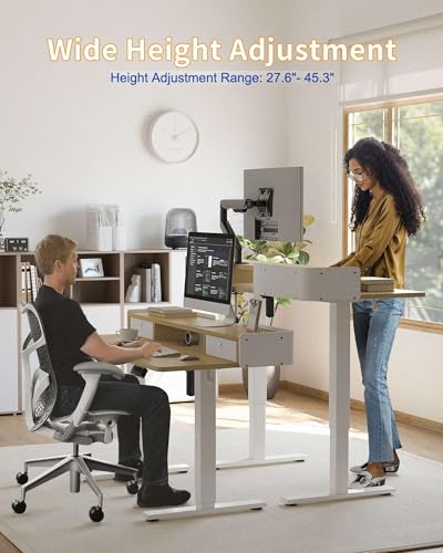 YIHAYO Electric Standing Desk with Drawers, 40 x 24 Inches Adjustable Desk with Storage Shelf, Stand Up Desk with Splice Board, Computer Table for Home Office, White Frame/Natural Top - color: White Frame/Natural Top, size: 40*24 Inch