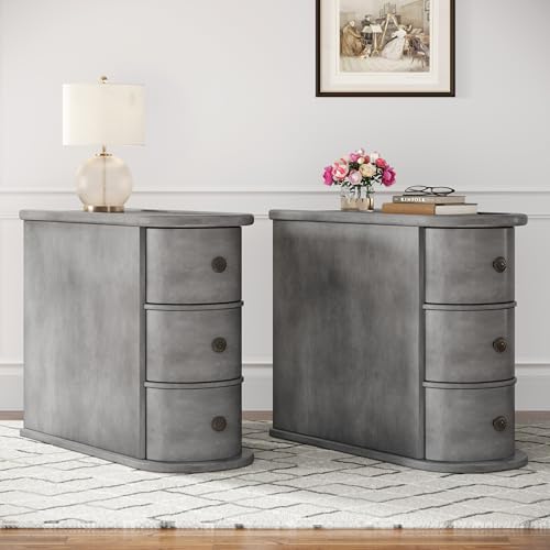 Wood End Table with 3 Drawers, No Assembly Required Narrow Sofa Side Table for Living Room, Vintage Slim Nightstand Bedside Table for Bedroom (3 Drawers, Grey, 2 Pcs) - color: Grey, size: 2 Pcs, style: 3 Drawers