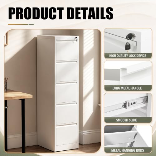 5 Drawer File Cabinet for Home Office, Vertical Filing Cabinet - color: White, size: 64.2"H - 5 Drawer
