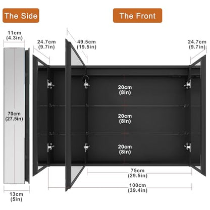 40*28 inch Three-door Aluminum LED Lighted Bathroom Medicine Mirror Cabinet | Light Adjustable, Sockets & USBs inside, Anti-Fog, Easy to Install - color: 40*28 Three-door