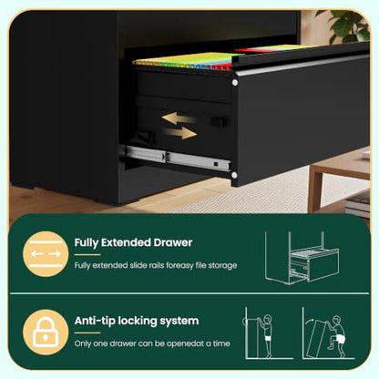 2 Drawer Lateral File Cabinet, 26.8"W Filing Cabinet for Home Office, Black | Heavy-Duty Steel Locking File Cabinet, Hanging Letter/Legal/A4 Size, Full-Extension Drawer, Assembly Required - color: Black, size: 2 Drawers (26.77 in Width)