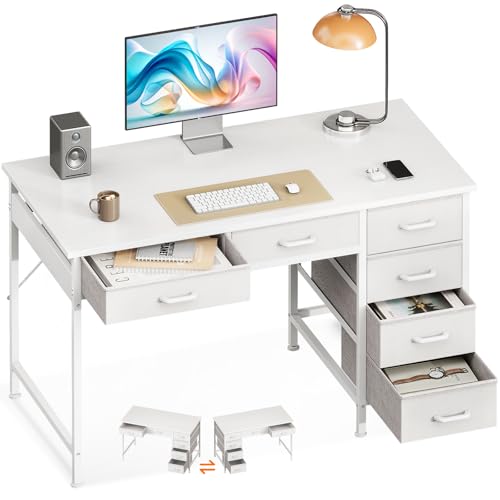 Casaottima 40 Inch Small Computer Desk with 6 Drawers, Reversible Storage Desk for Home Office, Work Study Table for Bedroom, White - color: White, size: 40 Inch