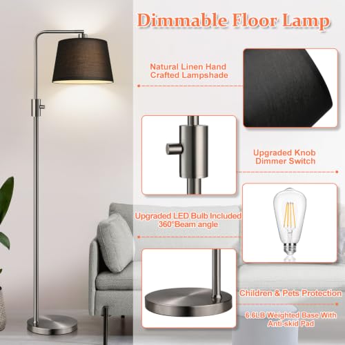Nintiue 【Upgraded】 Dimmable Floor Lamp, 1000 Lumens LED Edison Bulb Included, Brushed Nickel Arc Floor Lamps Modern Standing Lamp with Black Shade, Tall Lamps for Living Room Bedroom - color: Brushed Nickel-Black Shade