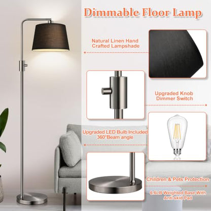 Nintiue 【Upgraded】 Dimmable Floor Lamp, 1000 Lumens LED Edison Bulb Included, Brushed Nickel Arc Floor Lamps Modern Standing Lamp with Black Shade, Tall Lamps for Living Room Bedroom - color: Brushed Nickel-Black Shade