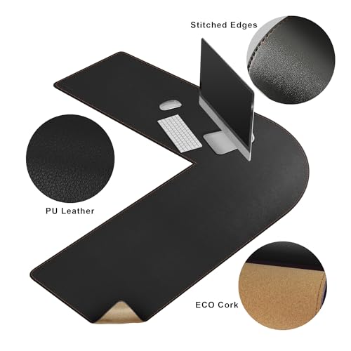 MAIDERN (51” + 51”) x 15.7” L Shaped Corner Desk Mat, Cork & Leather Reversible Desk Pad for Gaming Computer Office Home (Black) … - size: (51” + 51”) x 15.7”