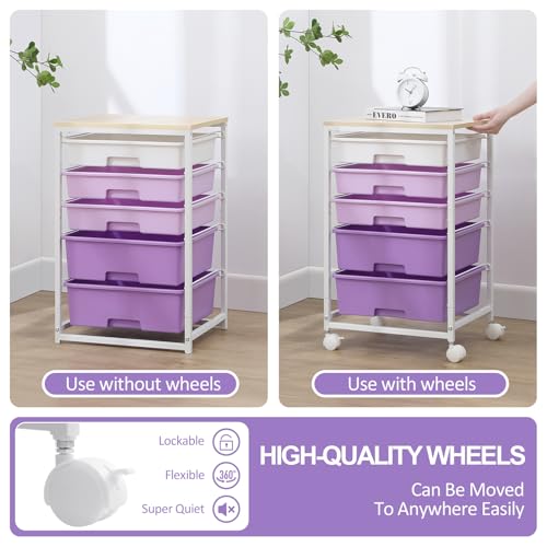 SYKIARIOL Utility Cart with 5 Drawers with Wooden Top,Purple - color: Purple