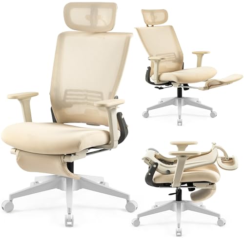 Ergonomic Foldable Office Chair with Footrest and Lumbar Support, Cream - color: Cream