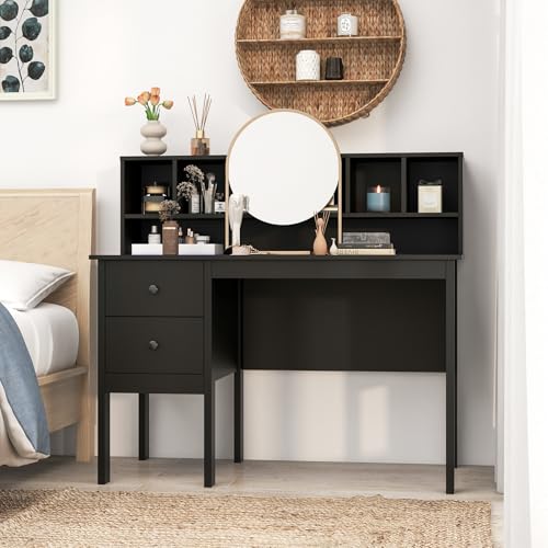COSTWAY Writing Desk with USB Charging Ports & Power Outlets, 48" Computer Desk with Drawers & 5-Cubby Hutch, Study Table Computer Work Station for Home Office (Black) - color: Black