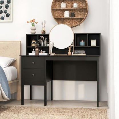 COSTWAY Writing Desk with USB Charging Ports & Power Outlets, 48" Computer Desk with Drawers & 5-Cubby Hutch, Study Table Computer Work Station for Home Office (Black) - color: Black
