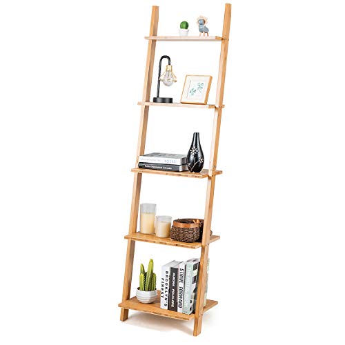 Tangkula Bamboo 5-Tier Ladder Shelf Bookshelf, Wall-Leaning Bookshelf, Plant Flower Stand, Storage Display Shelves for Living Room Bathroom Office, Multifunctional Ladder Bookcase (Natural) - size: 17" x 14" x 65" (L x W x H)