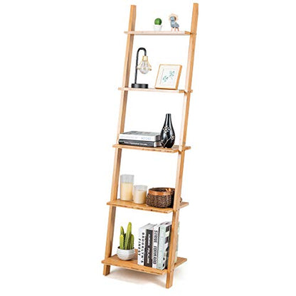 Tangkula Bamboo 5-Tier Ladder Shelf Bookshelf, Wall-Leaning Bookshelf, Plant Flower Stand, Storage Display Shelves for Living Room Bathroom Office, Multifunctional Ladder Bookcase (Natural) - size: 17" x 14" x 65" (L x W x H)