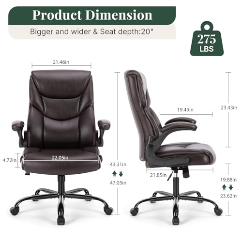 Executive Office Chair, PU Leather Ergonomic High Back Managerial Computer Task Desk Chair with Wheels, Flip-up Armrest, Adjustable Height, Swivel with Lumbar Support, Leather Brown - color: Leather Brown