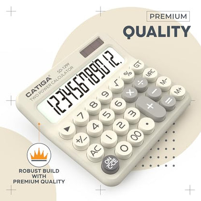 CATIGA Mechanical Switch Calculator with Solar and Battery Dual Power, 12-Digit Large LCD Display, Aesthetic and Cute Desktop Calculator with Big Button, for Home, School and Office Use, SD-1299 - color: Z) Beige
