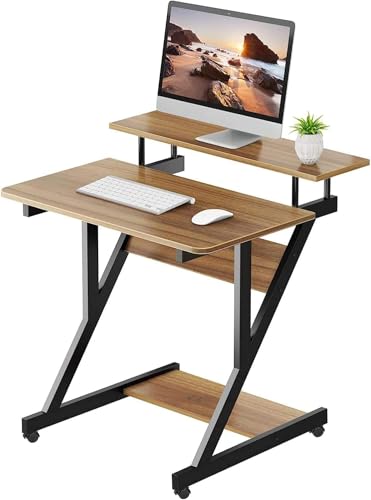 Dripex Computer Desk for Small Spaces, Z Shaped Small Computer Desk, 27.5 inch Compact Desk with Monitor Shelf and Bottom Storage Shelves, Space Saving Desk, Walnut - color: Walnut