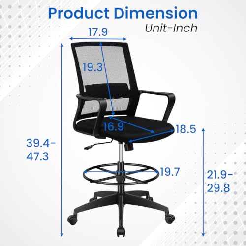 BestOffice Drafting Chair Tall Office Chair Adjustable Swivel Rolling Mesh Height with Lumbar Support Arms Footrest Mid Back for Adults Standing Desk Drafting Stool(Dark Black) - color: Dark Black