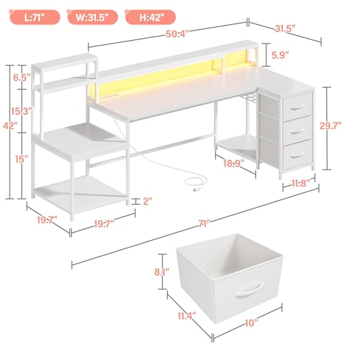 EnHomee71 White L Shaped Desk with Drawers,Printer Shelf for Home Office | 3 Fabric Drawers, Printer Stand & Shelves; Organize Office and Study Supplies for Tidy Bedroom & Study Space,White - color: White