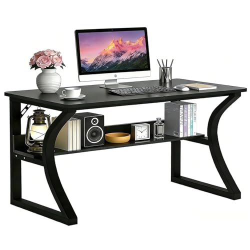 55'' Computer Desk w/Storage & Cable Management, Home Office Desk w/Sturdy U-Shaped Metal Frame & Water-Resistant Scratchproof Surface, Study Writing Desk for Office & Bedroom, Black - size: 55inch-Black