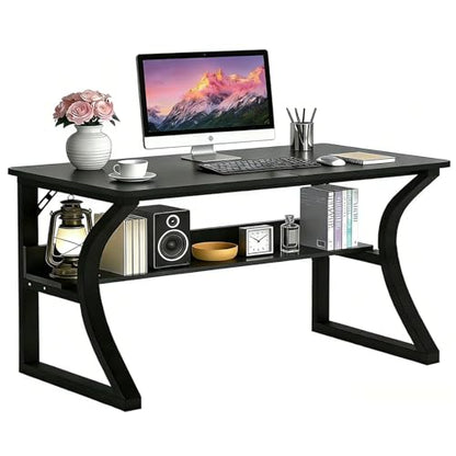 55'' Computer Desk w/Storage & Cable Management, Home Office Desk w/Sturdy U-Shaped Metal Frame & Water-Resistant Scratchproof Surface, Study Writing Desk for Office & Bedroom, Black - size: 55inch-Black