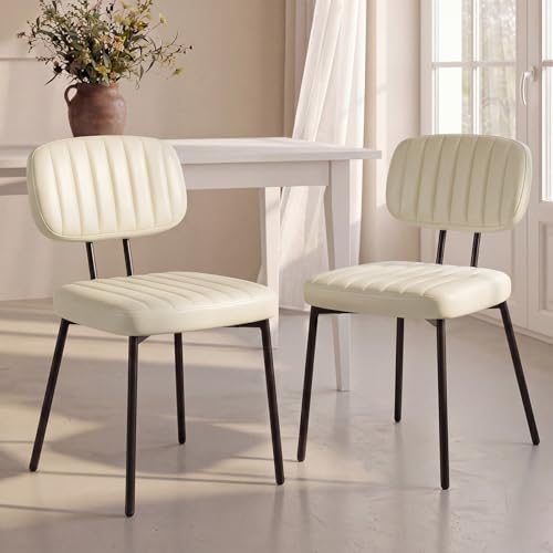 OLIXIS Dining Chairs Set of 2, Upholstered Kitchen Chairs, Beige White | Faux Leather Comfortable Cushion Seat, Metal Legs with Backrest, Mid-Century Modern, Easy Assembly, Dining Room Home - color: Beige White, size: 2 PCS