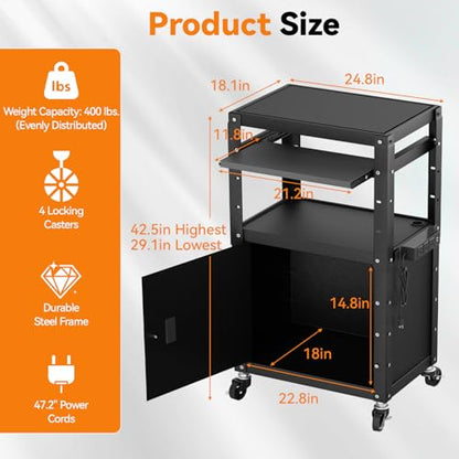 Heavy Duty AV Cart, Adjustable Height Rolling Computer Cart