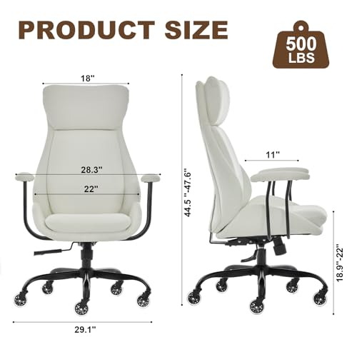 Leather Executive Office Chair, Computer Desk Chair, White | Ergonomic, Rubber Wheels, Lumbar Support, 360° Swivel, High Back, Adjustable Height, for Modern Home Office - color: Pearl White
