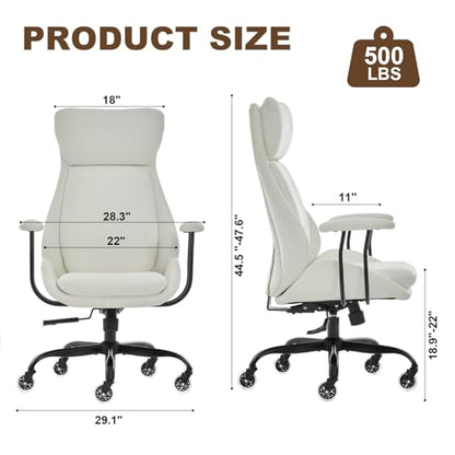 Leather Executive Office Chair, Computer Desk Chair, White | Ergonomic, Rubber Wheels, Lumbar Support, 360° Swivel, High Back, Adjustable Height, for Modern Home Office - color: Pearl White