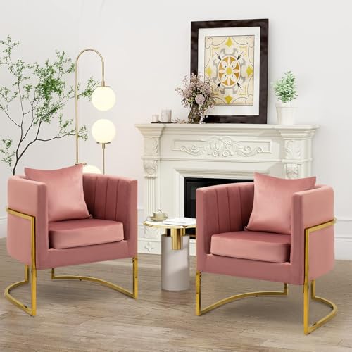 Velvet Accent Chairs Set of 2, Contemporary Barrel Armchairs, Living Room Bedroom Club Chair Set with Pillow, Channel Tufted, Gold Finish Base, Blush Pink - color: Blush Pink, size: 2 PCS