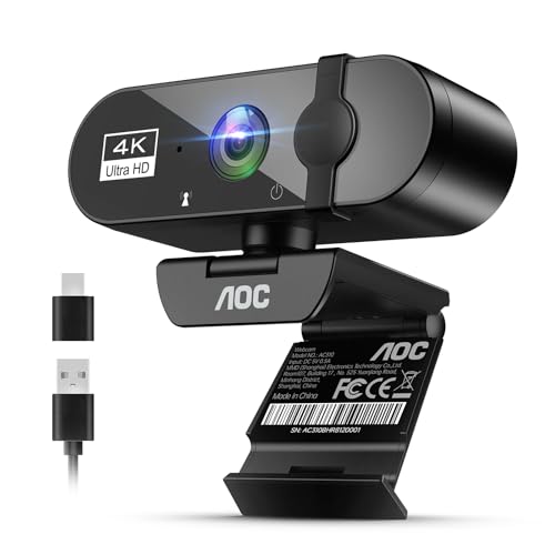 AOC 4K Webcam for PC, Streaming Computer Camera with Noise-Canceling Mic | 90° FOV, Privacy Cover, Plug & Play, Zoom/Skype/FaceTime Compatible, Works with Mac/Laptop/Switch 2, USB C-A Adapter Included - color: Black