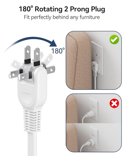 2 Prong Extension Cord with 6 Outlets 3 USB, 5FT Surge Protector, Old House | 1875W, 2 Prong to 3 Prong Outlet Adapter, Rotating Plug, USB-C(15.5W), Polarized, Non Grounded, Multi Plug - size: 5 FT-White-Two Prong