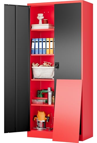 Wide & Deep Metal Storage Cabinet with Lock & Adjustable Shelves,72" Red Black Garage Storage Cabinet with Locking Doors,Lockable Cabinets for Home,Office,Shop,Garage,Basement 72x36x18 - color: Red Black, size: 72"H x 36"W x 18"D
