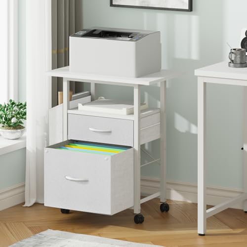 GYIIYUO 2 Drawer File Cabinet 24''W, Mobile Filing Cabinet, Printer Stand | 24'' Extended Desktop, Rolling, Side Bag, Fits A4/Letter Size, Home Office, Fabric Drawer, White - color: White
