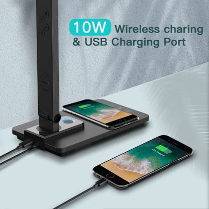 LAOPAO LED Desk Lamp with Wireless Charger: Desk Lamps for Home Office Bedroom, 5 Color Modes & Brightness Dimmable, 2 Night Light - color: Black2