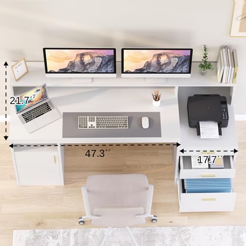 65" White Computer Desk with 3 Drawers & Printer Shelf for Home Office | White Desk with Printer Shelf & File Drawer, Executive Desk Writing Study Table with Monitor Stand, Storage Cabinet - color: White