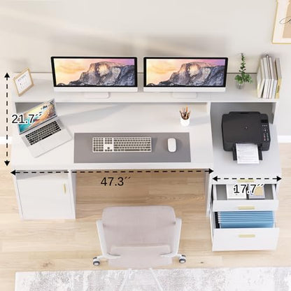 65" White Computer Desk with 3 Drawers & Printer Shelf for Home Office | White Desk with Printer Shelf & File Drawer, Executive Desk Writing Study Table with Monitor Stand, Storage Cabinet - color: White