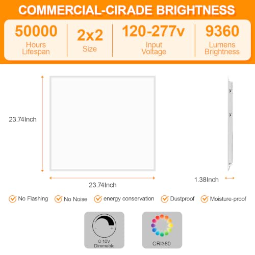 6 Pack 2x2 LED Flat Panel Light Drop Ceiling Office Fixture 5 CCT 3000K-6500K Adjustable & 5 Wattage 15W-20W-30W-40W-50W Selectable, 0-10V Dimmable，Flush Mount Ceiling Light - size: 2x2 6PACKS