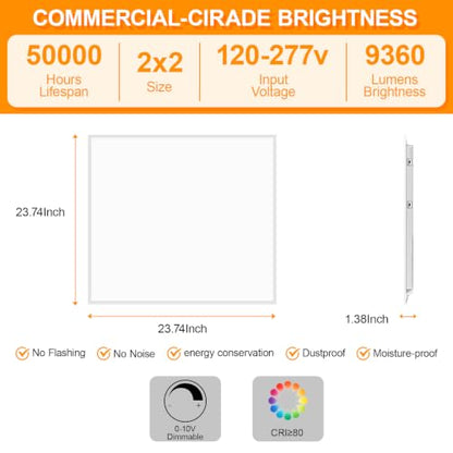 6 Pack 2x2 LED Flat Panel Light Drop Ceiling Office Fixture 5 CCT 3000K-6500K Adjustable & 5 Wattage 15W-20W-30W-40W-50W Selectable, 0-10V Dimmable，Flush Mount Ceiling Light - size: 2x2 6PACKS