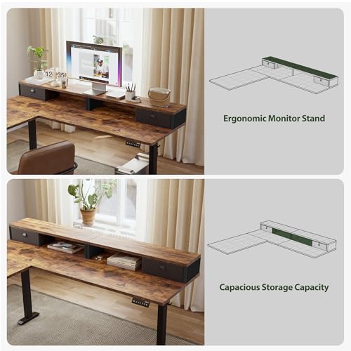 Agilestic 63 Inch L Shaped Electric Standing Desk with Drawer, Rustic Brown - color: Rustic Brown, size: 63x55.1 Inch Pro