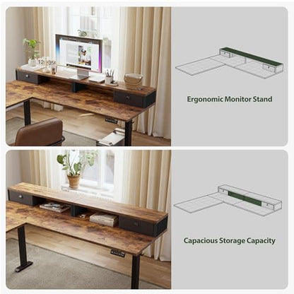 Agilestic 63 Inch L Shaped Electric Standing Desk with Drawer, Rustic Brown - color: Rustic Brown, size: 63x55.1 Inch Pro